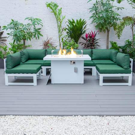 Leisuremod Chelsea 7-Piece Patio Sectional And Fire Pit Table Weathered Grey Aluminum With Green Cushions CSFWGR-7G
